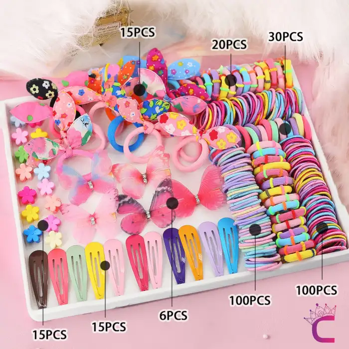 301 Parça Hediyelik Kutulu Kız Çocuk Toka Seti - Kelebekli Çıtçıt Tavşan Lastik Bebek Saç Tokası