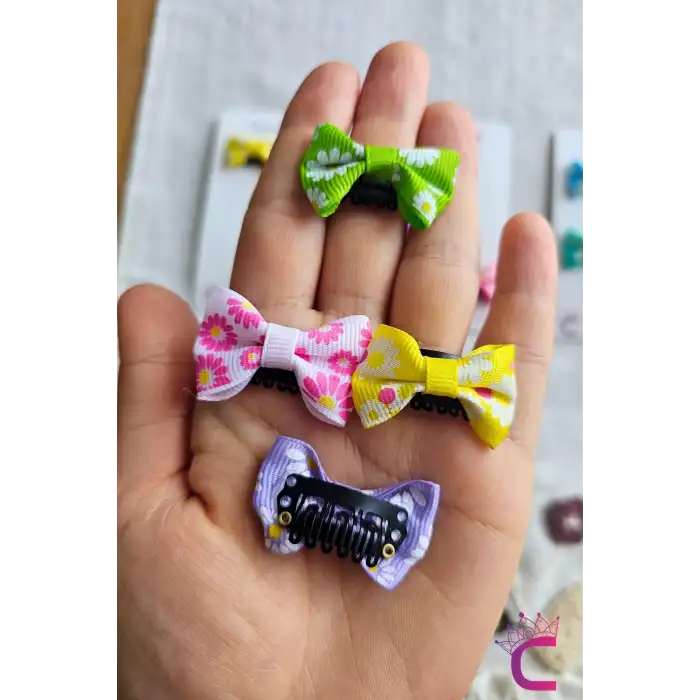 4lü Çiçekli Fiyonk Saçsız Kız Bebek Tokası 4cm - Kurdeleli Az Saçlı Yenidoğan Saç Toka Seti Klipsi