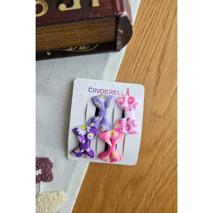 4lü Çiçekli Fiyonk Saçsız Kız Bebek Tokası 4cm - Kurdeleli Az Saçlı Yenidoğan Saç Toka Seti Klipsi