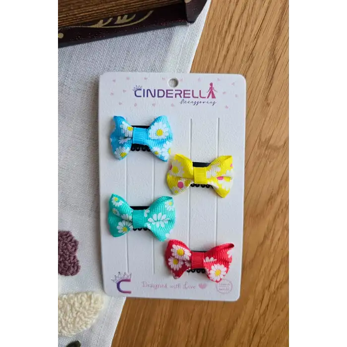 4lü Çiçekli Fiyonk Saçsız Kız Bebek Tokası 4cm - Kurdeleli Az Saçlı Yenidoğan Saç Toka Seti Klipsi