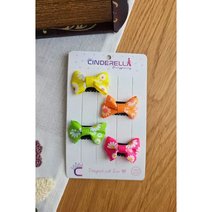 4lü Çiçekli Fiyonk Saçsız Kız Bebek Tokası 4cm - Kurdeleli Az Saçlı Yenidoğan Saç Toka Seti Klipsi