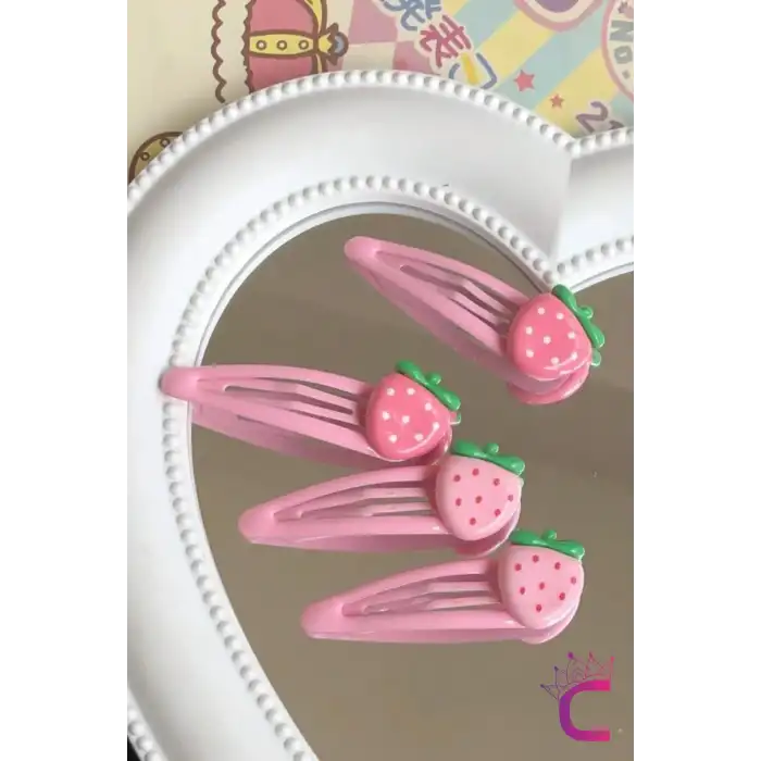 4lü Çilekli Çıt Çıt Kız Çocuk Toka Seti Pembe - Yumuşak Çıtçıt Bebek Saç Tokası Çıtçıtlı Toka