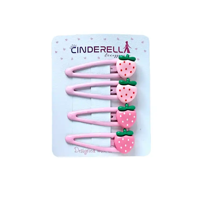 4lü Çilekli Çıt Çıt Kız Çocuk Toka Seti Pembe - Yumuşak Çıtçıt Bebek Saç Tokası Çıtçıtlı Toka