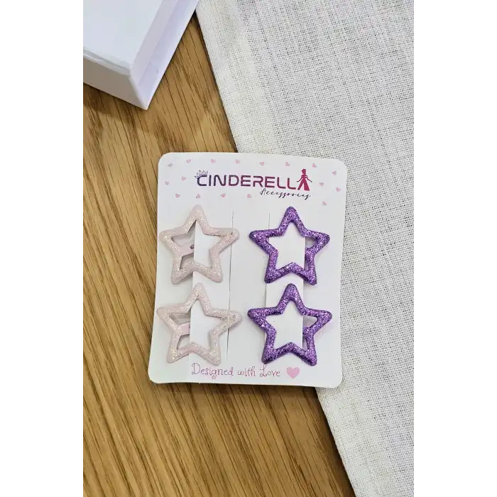 4lü Dökme Simli Açık Pembe Mor Yıldızlı Çıtçıt Toka Seti - Kız Çocuk Metal Çıtçıtlı Saç Tokası