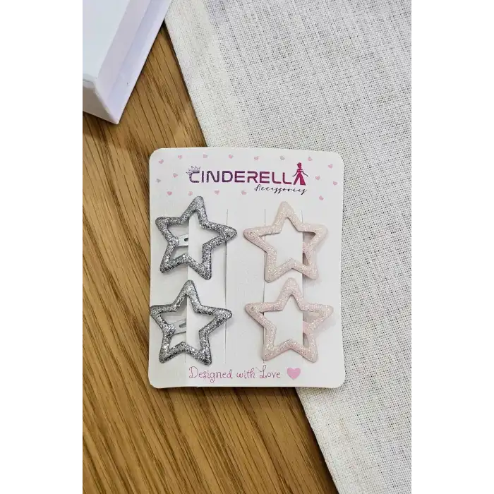 4lü Dökme Simli Gümüş Açık Pembe Yıldızlı Çıtçıt Toka Seti - Kız Çocuk Yıldız Çıtçıtlı Saç Tokası