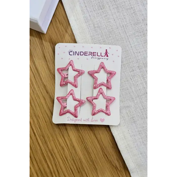 4lü Dökme Simli Pembe Yıldızlı Çıtçıtlı Toka Seti - Renkli Kız Çocuk Yıldız Çıt Çıt Yan Saç Tokası