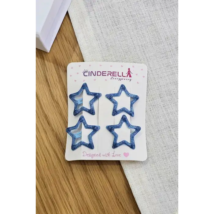 4lü Dolgu Simli Deniz Mavi Yıldızlı Çıtçıt Toka Seti - Kız Çocuk Yıldız Çıt Çıt Yan Saç Tokası