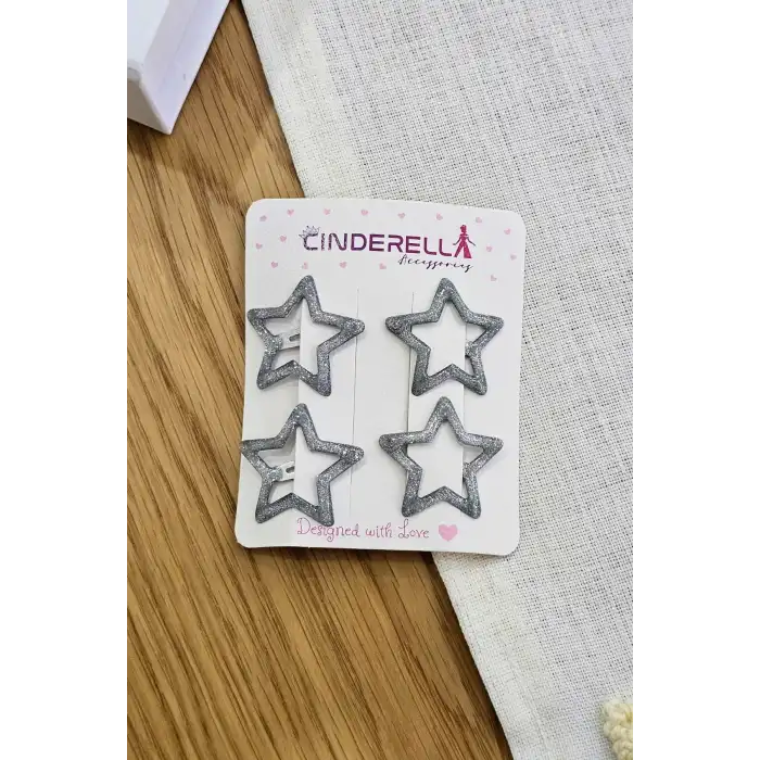 4lü Dolgu Simli Gümüş Yıldız Çıt Çıt Toka Seti - Kabartmalı Yıldızlı Çıtçıtlı Saç Tokası Metal