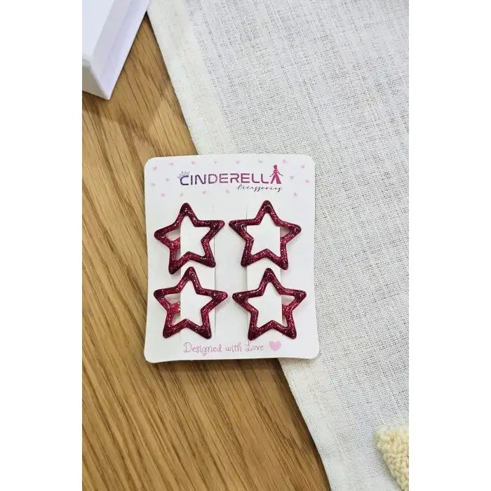 4lü Dolgu Simli Kırmızı Yıldız Çıt Çıt Toka Seti - Kabartmalı Yıldızlı Çıtçıtlı Saç Tokası Metal