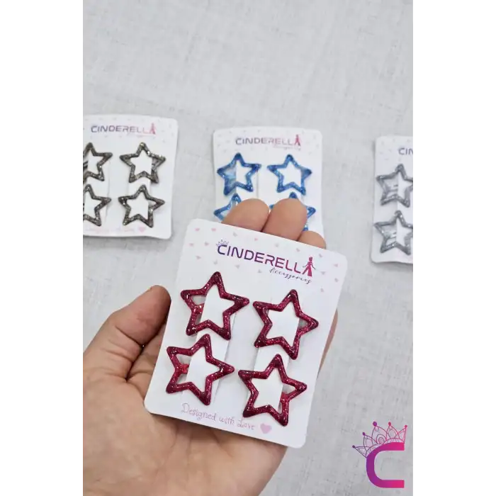 4lü Dolgu Simli Kırmızı Yıldız Çıt Çıt Toka Seti - Kabartmalı Yıldızlı Çıtçıtlı Saç Tokası Metal