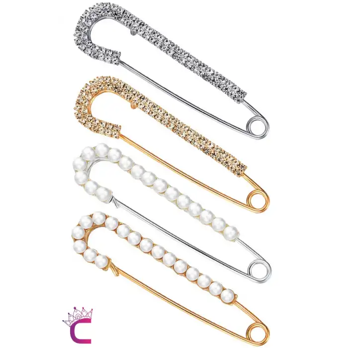 4lü İncili Zirkon Taşlı Kadın İskoç İğnesi Broş Seti Gold Gümüş - Kaban Ceket Kazak Atkı Yaka Broş