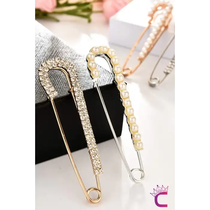 4lü İncili Zirkon Taşlı Kadın İskoç İğnesi Broş Seti Gold Gümüş - Kaban Ceket Kazak Atkı Yaka Broş