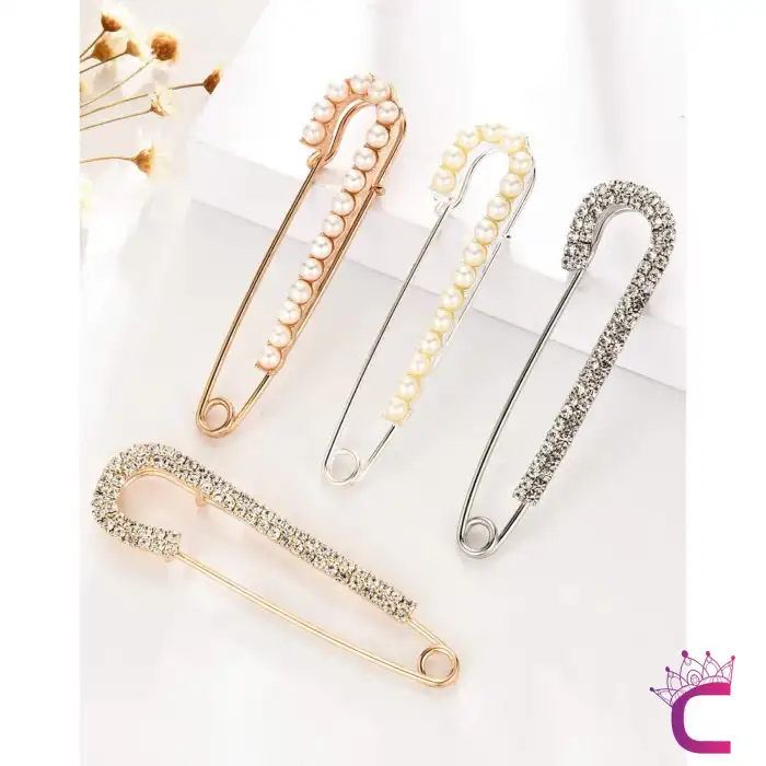 4lü İncili Zirkon Taşlı Kadın İskoç İğnesi Broş Seti Gold Gümüş - Kaban Ceket Kazak Atkı Yaka Broş