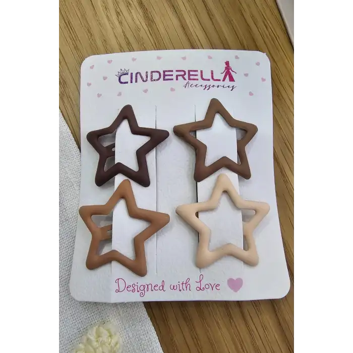 4lü Kaplamalı Mat Kahve Tonlu Yıldızlı Çıtçıt Toka Seti - Kız Çocuk Yıldız Çıtçıtlı Yan Saç Tokası