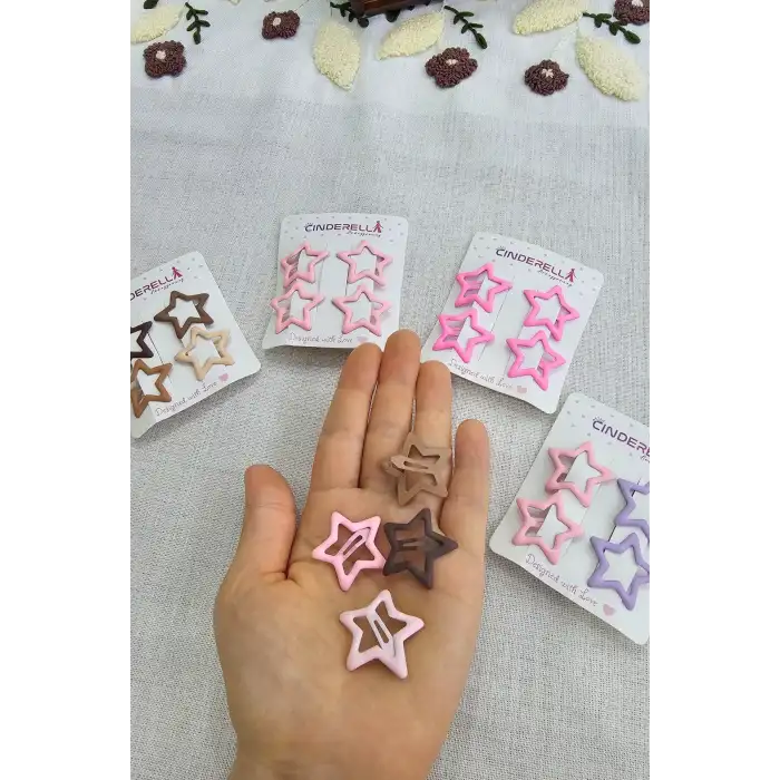 4lü Kaplamalı Mat Sütlü Kahve Yıldızlı Çıtçıtlı Toka Seti - Kız Çocuk Yıldız Çıt Çıt Yan Saç Tokası