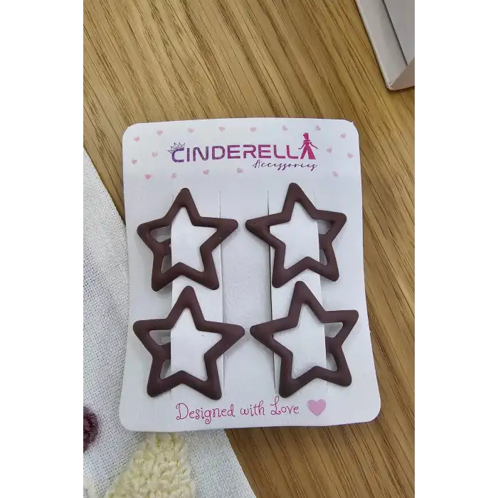 4lü Kaplamalı Mat Koyu Kahve Yıldızlı Çıtçıt Toka Seti - Kız Çocuk Yıldız Çıtçıtlı Yan Saç Tokası