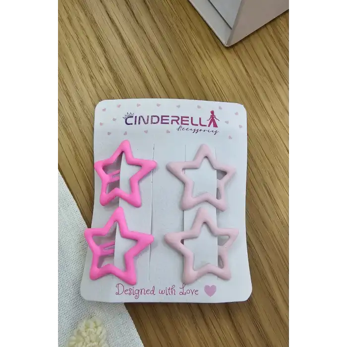 4lü Kaplamalı Mat Pembe & Fuşya Yıldızlı Çıtçıtlı Toka Seti - Kız Çocuk Yıldız Çıt Çıt Saç Tokası