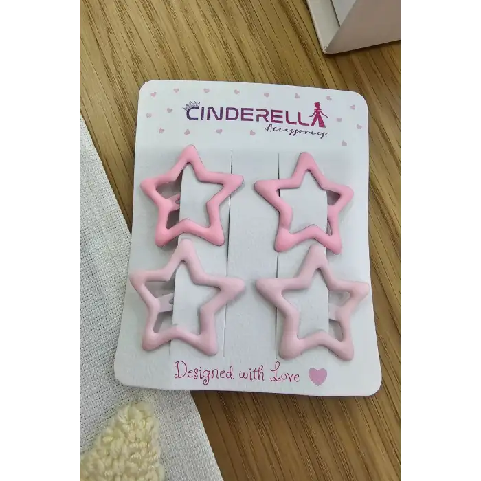 4lü Kaplamalı Mat Pembe & Koyu Pembe Yıldızlı Çıtçıtlı Toka Seti - Kız Çocuk Yıldız Yan Saç Tokası