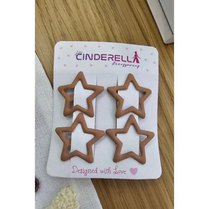 4lü Kaplamalı Mat Sütlü Kahve Yıldızlı Çıtçıtlı Toka Seti - Kız Çocuk Yıldız Çıt Çıt Yan Saç Tokası