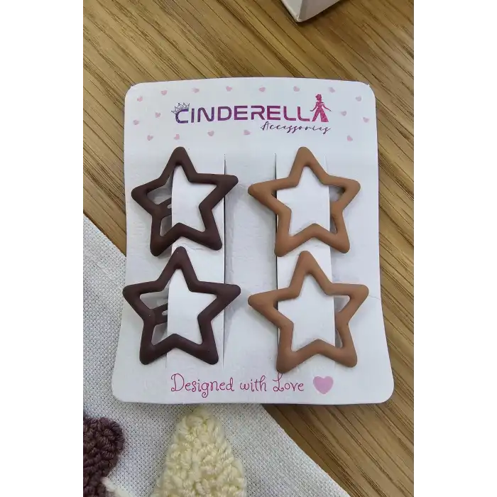 4lü Kaplamalı Mat Sütlü & Koyu Kahve Yıldızlı Çıtçıtlı Toka Seti - Çocuk Yıldız Çıtçıt Saç Tokası