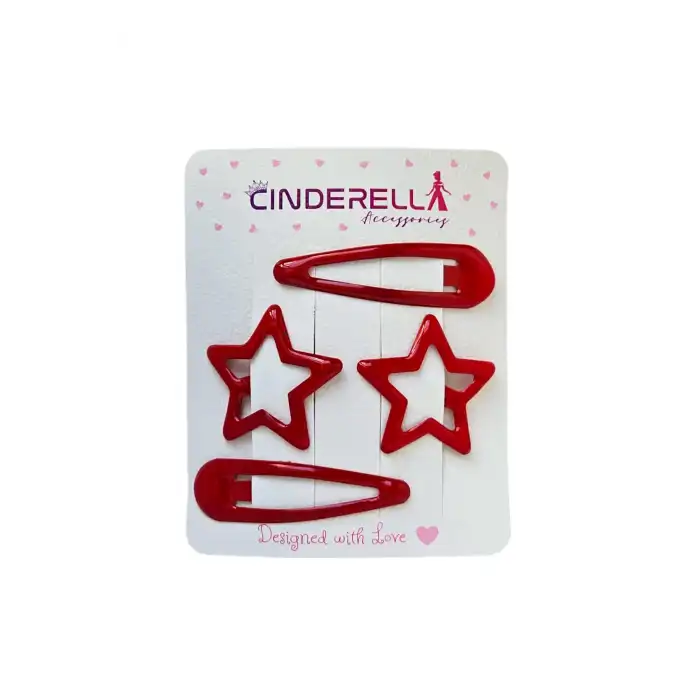 4lü Su Damlası Yıldızlı Çıtçıt Toka Seti Kırmızı - Günlük Kullanım Yıldız Çıtçıt Yan Saç Tokası