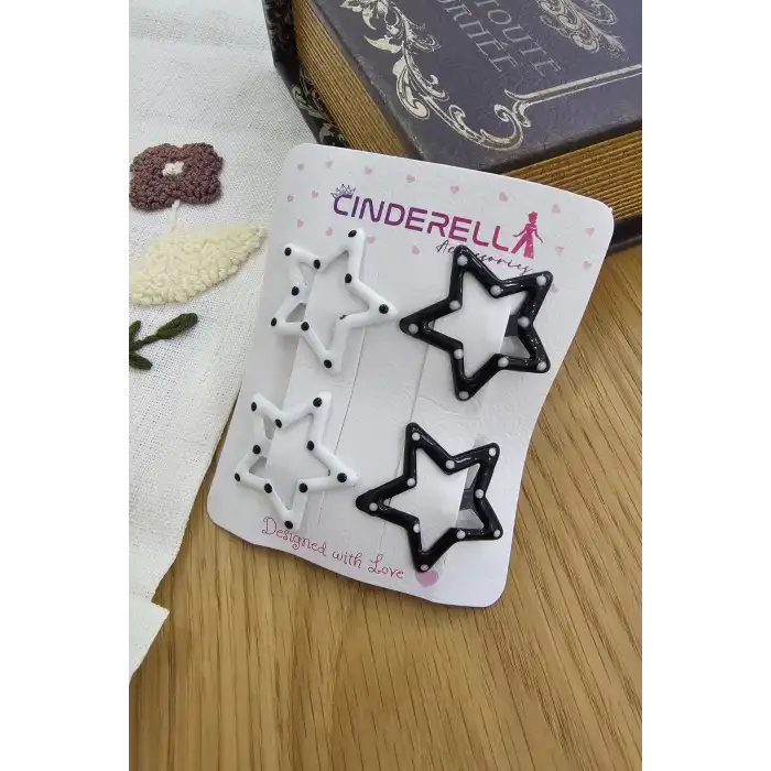 4lü Sevimli Noktalı Yıldızlı Çıtçıt Toka Seti Siyah & Beyaz - Renkli Kız Çocuk Çıtçıtlı Saç Tokası