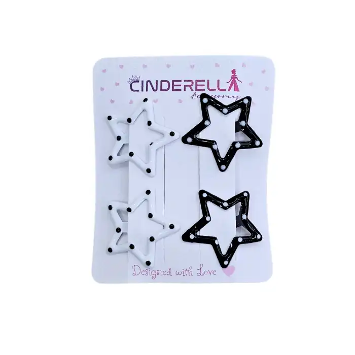 4lü Sevimli Noktalı Yıldızlı Çıtçıt Toka Seti Siyah & Beyaz - Renkli Kız Çocuk Çıtçıtlı Saç Tokası