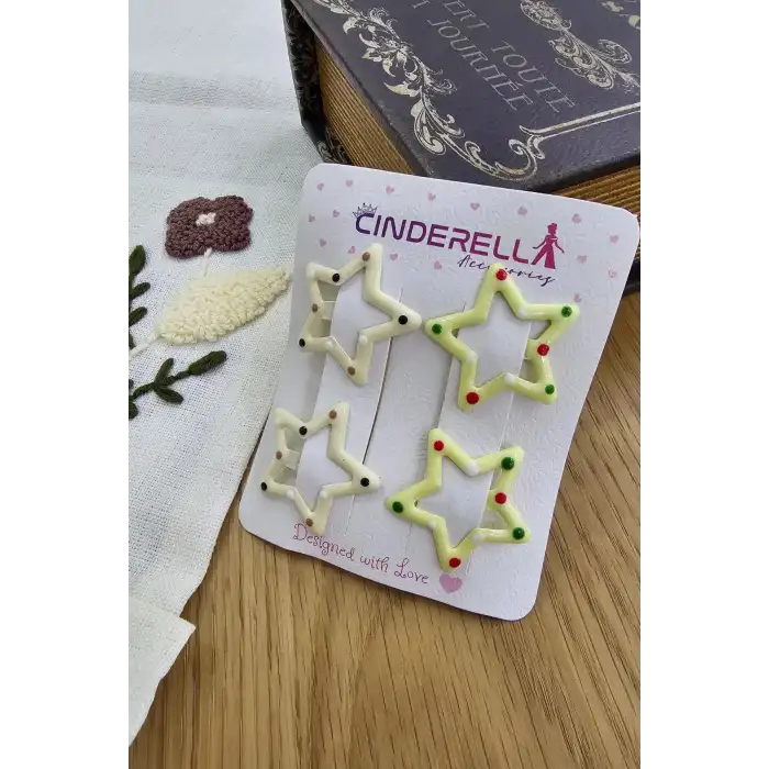 4lü Sevimli Noktalı Yıldızlı Çıtçıtlı Toka Seti Krem Tonlu - Renkli Kız Çocuk Çıt Çıt Saç Tokası