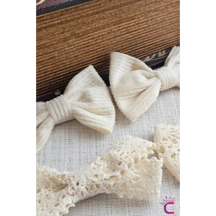 4lü Şık Kombin Soft Bej Renkli Kız Bebek Yumuşak Pens Toka Seti - Çocuk Kurdeleli Fiyonk Saç Tokası