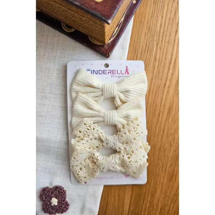 4lü Şık Kombin Soft Bej Renkli Kız Bebek Yumuşak Pens Toka Seti - Çocuk Kurdeleli Fiyonk Saç Tokası