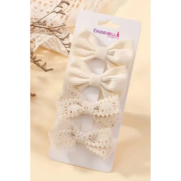 4lü Şık Kombin Soft Bej Renkli Kız Bebek Yumuşak Pens Toka Seti - Çocuk Kurdeleli Fiyonk Saç Tokası