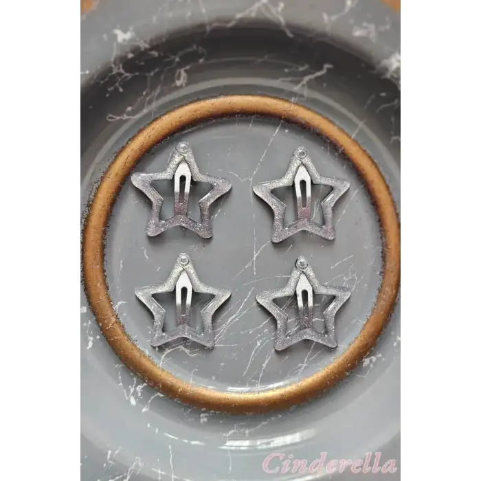 4lü Simli Gümüş Yıldız Çıt Çıt Toka Seti - Yıldızlı Çıtçıt Toka - Y2k Star Yıldız Çıtçıtlı Toka