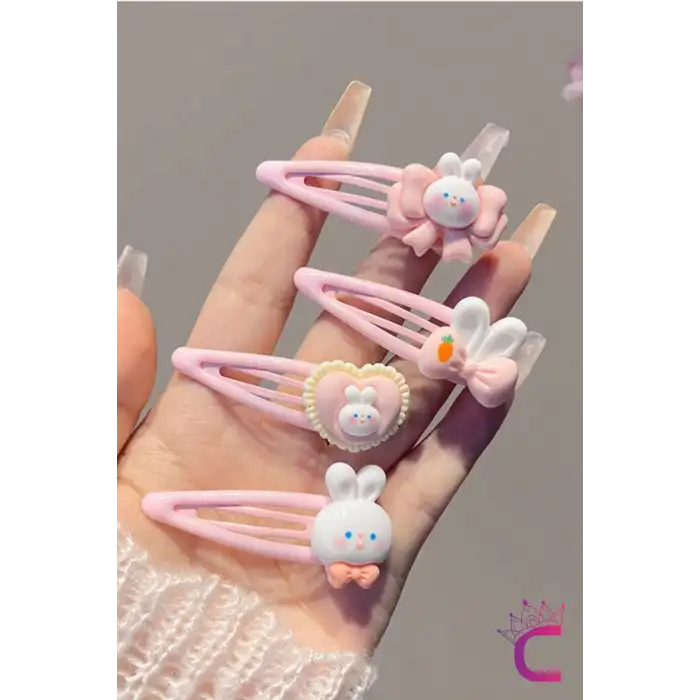 4lü Tavşanlı Kalpli Kurdele Fiyonk Model Çıtçıtlı Toka Seti Pembe - Metal Çıtçıt Yan Saç Tokası