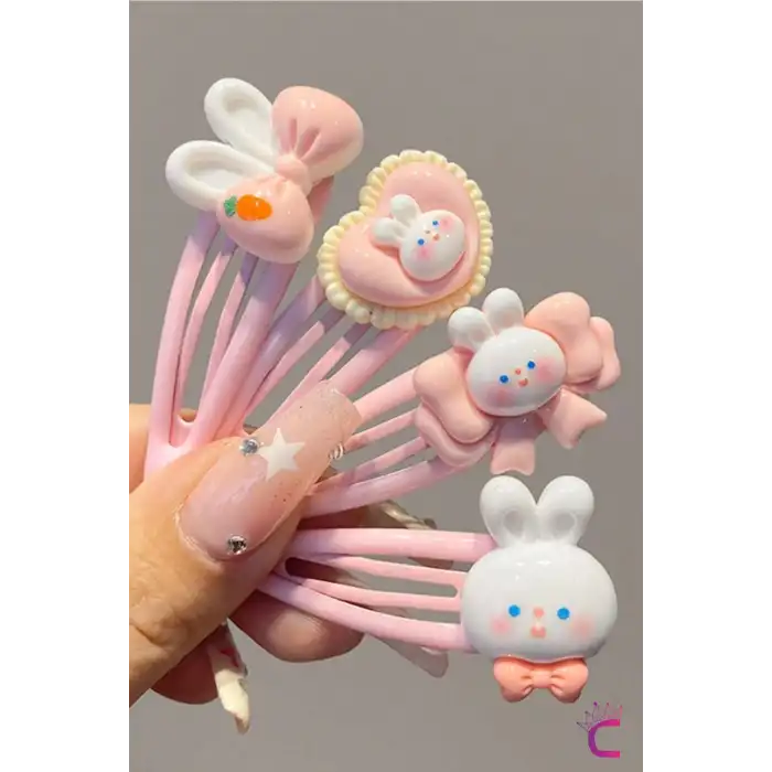 4lü Tavşanlı Kalpli Kurdele Fiyonk Model Çıtçıtlı Toka Seti Pembe - Metal Çıtçıt Yan Saç Tokası