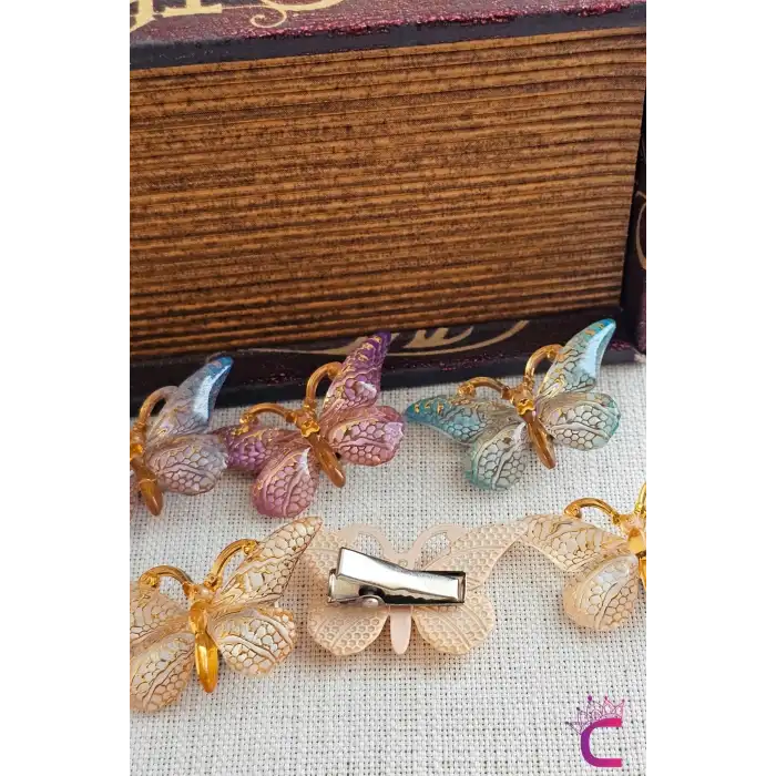 5li Beyaz Gold Detaylı Silikon Dolgu Kanatlı Kelebek Toka Seti - Kelebekli Mini Pens Saç Tokası