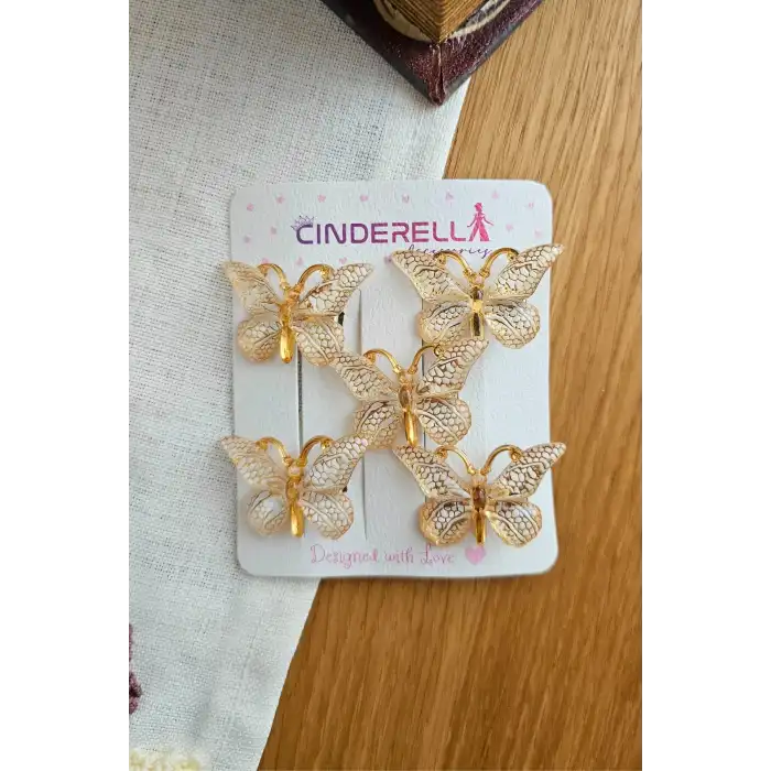 5li Beyaz Gold Detaylı Silikon Dolgu Kanatlı Kelebek Toka Seti - Kelebekli Mini Pens Saç Tokası