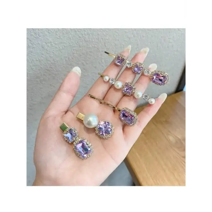 5li Kadın Eflatun Renkli İnci Taşlı Toka Seti - Lüks Yan Çıtçıt Klips Pens Toka Seti