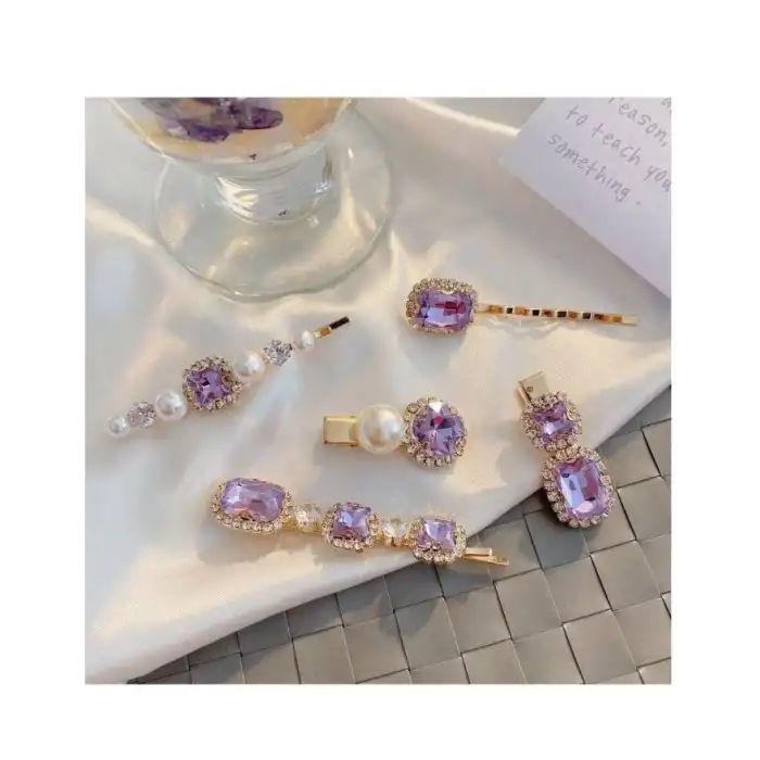 5li Kadın Eflatun Renkli İnci Taşlı Toka Seti - Lüks Yan Çıtçıt Klips Pens Toka Seti