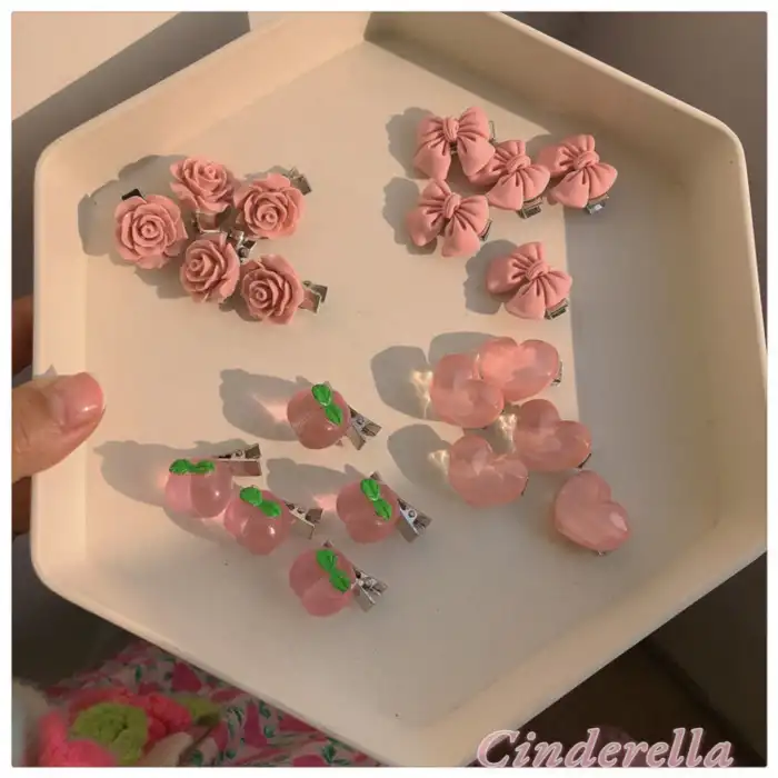 5li Pembe Gül Figürlü Mini Pens Saç Çocuk Toka Seti - Kadın Saç Aksesuarı Süsü Süsleme Klips Toka