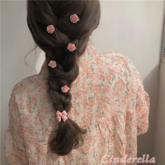 5li Pembe Gül Figürlü Mini Pens Saç Çocuk Toka Seti - Kadın Saç Aksesuarı Süsü Süsleme Klips Toka