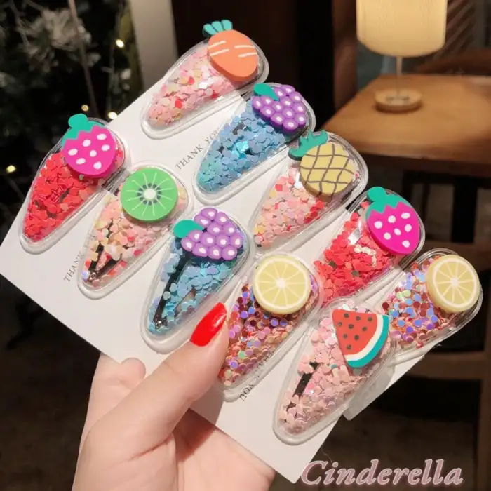 4lü Şeffaf İçi Mini Kalp Dolgulu Karışık Meyve Figürlü Çıtçıt Toka Seti - Renkli Çıt Çıt Saç Tokası