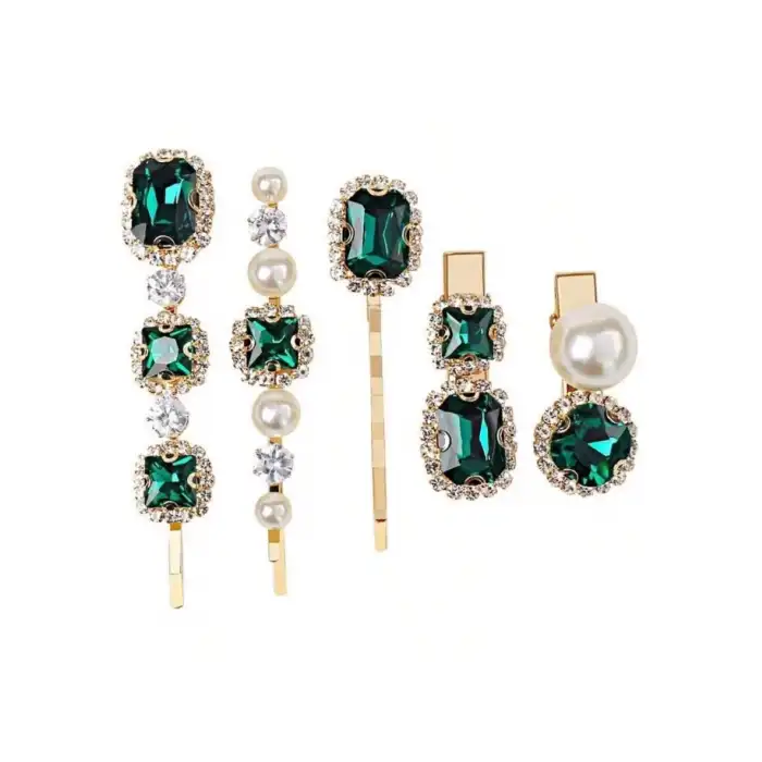 5li Yeni Sezon Kadın Yeşil Taşlı Toka Seti - Lüks Yan Çıtçıt Klips Pens Toka Seti