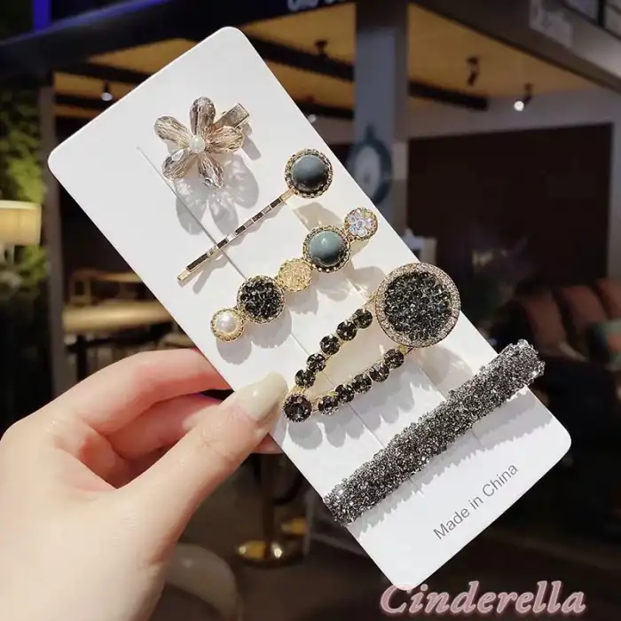 5li Yeni Sezon Siyah Taşlı Büyük Klips Çıtçıt Pens Toka Seti - Lüks Modern Toka Seti