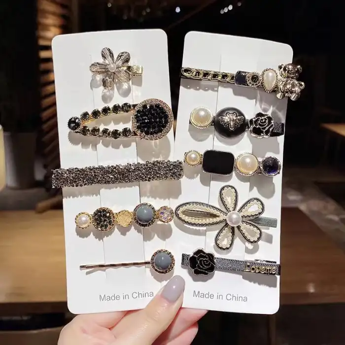 5li Yeni Sezon Siyah Taşlı Büyük Klips Çıtçıt Pens Toka Seti - Lüks Modern Toka Seti