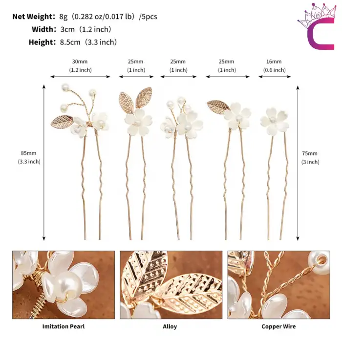 5li Zarif Beyaz Sedef İnci Çiçekli Gold Yaprak Gelin Tacı Firkete Toka - Düğün Saç Topuz Tokası