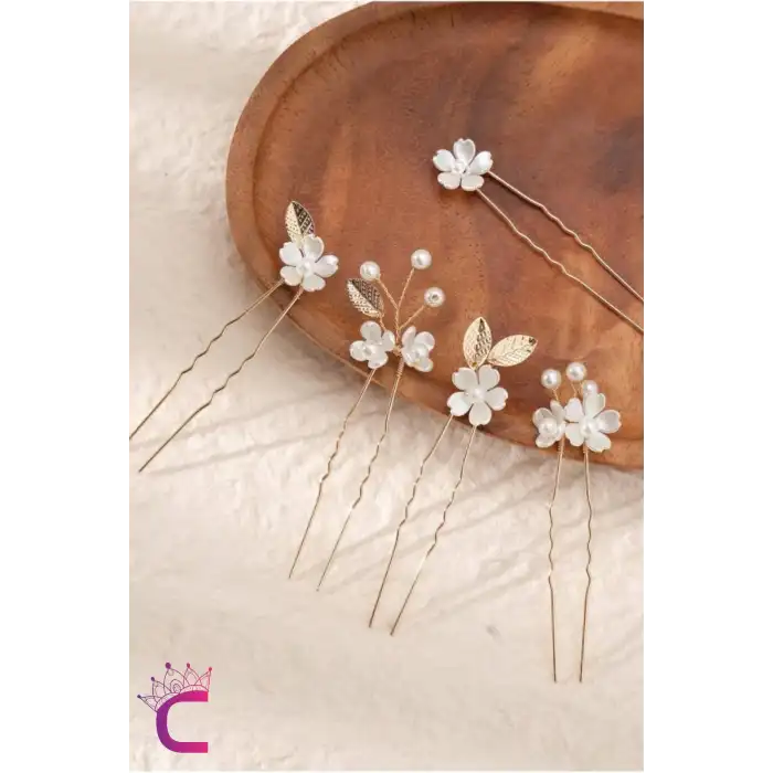 5li Zarif Beyaz Sedef İnci Çiçekli Gold Yaprak Gelin Tacı Firkete Toka - Düğün Saç Topuz Tokası