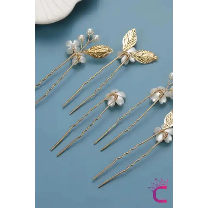 5li Zarif Beyaz Sedef İnci Çiçekli Gold Yaprak Gelin Tacı Firkete Toka - Düğün Saç Topuz Tokası