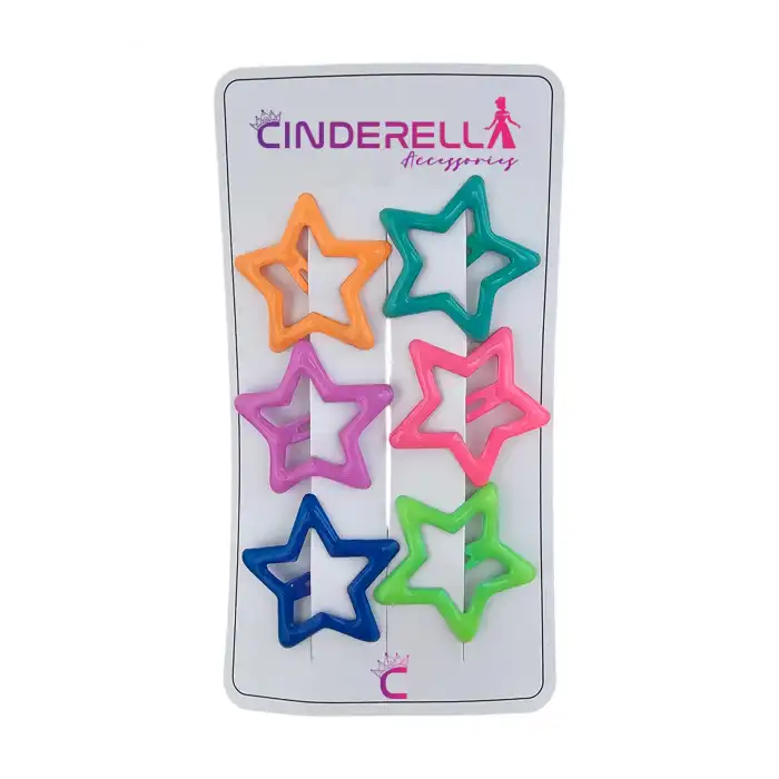 6 adet - Yıldız Çıt Çıt Toka Kaplamalı Parlak Renk - Y2k Kız Çocuk Yıldız Model Çıtçıtlı Yan Toka