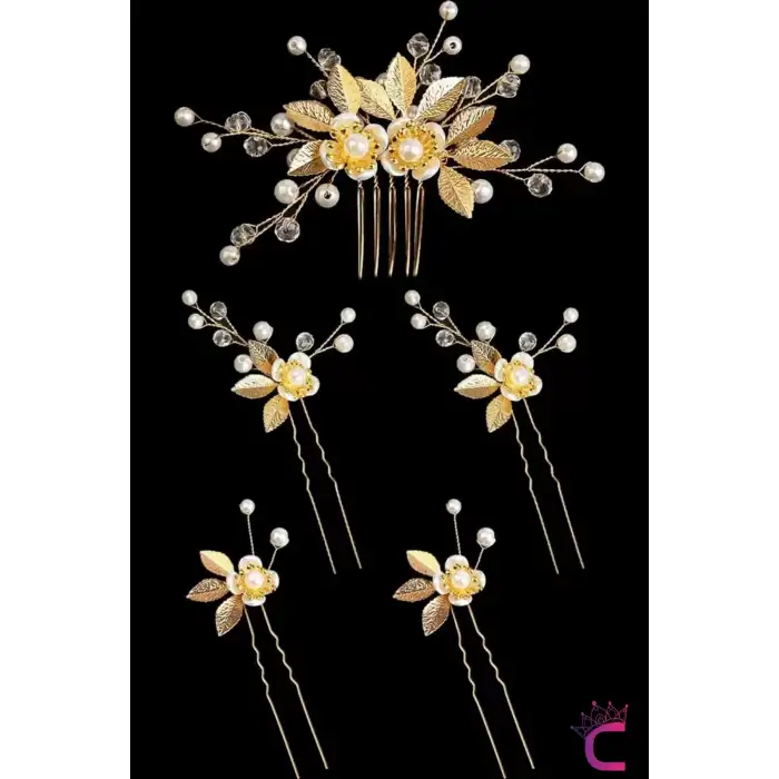 5li İncili Çiçekli Taşlı Gold Yaprak Gelin Tacı Firkete Topuz Tokası - Düğün Nişan Saç Aksesuarı