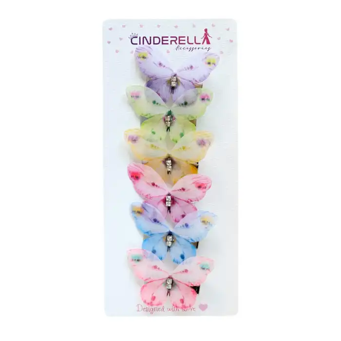 6lı Hareketli Kelebek Toka Seti Renkli Gerçekçi Kumaş - Zirkon Taşlı Kelebekli Toka Pens Saç Tokası